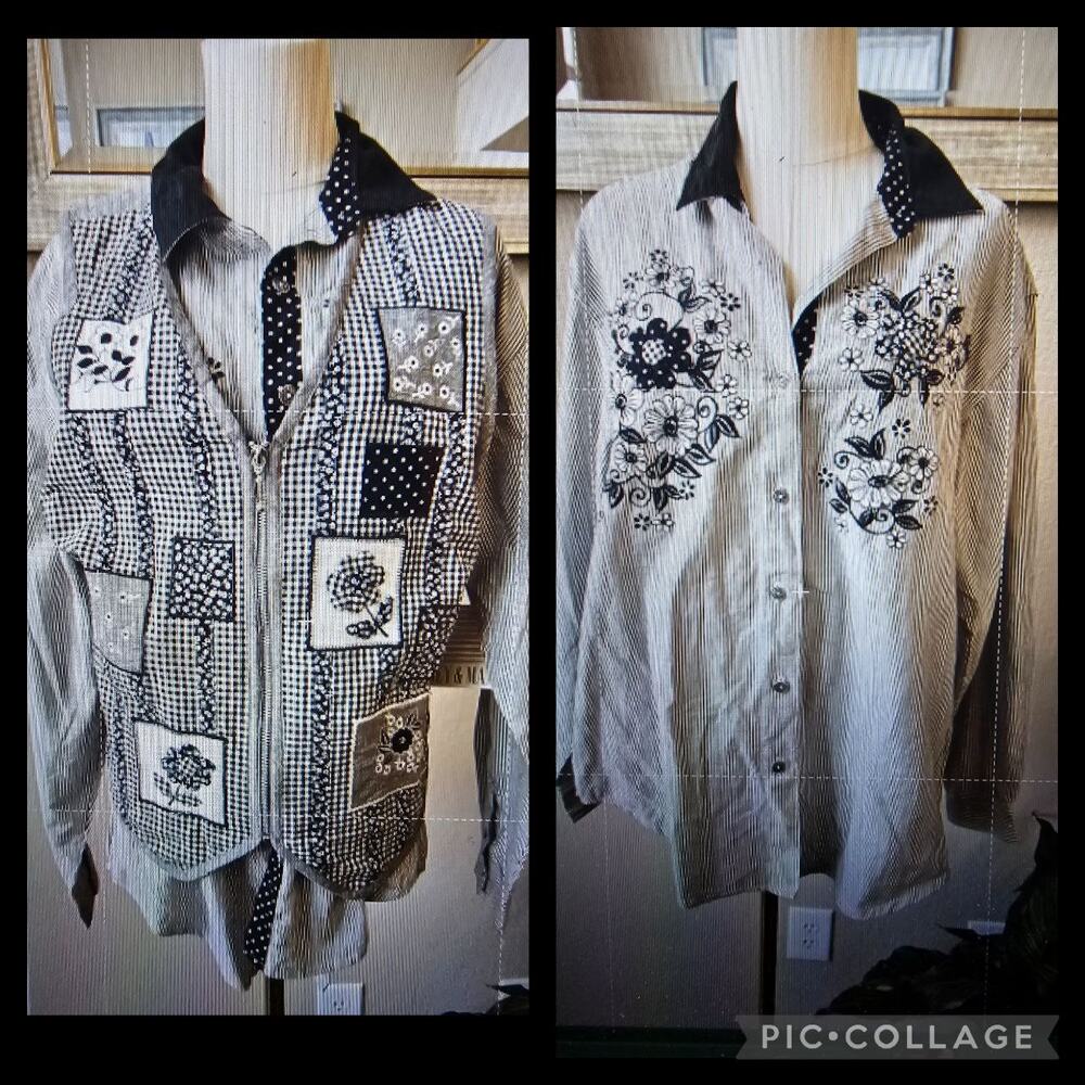 NWT VTG Casey & Max Emb Gingham Patchwork Vest and‎ Shirt Set Women Large Black